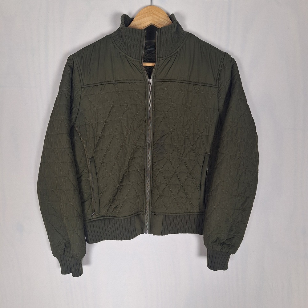 Prana Quilted Sherpa Lined Bomber Jacket Full Zip Olive Green Womens Size M